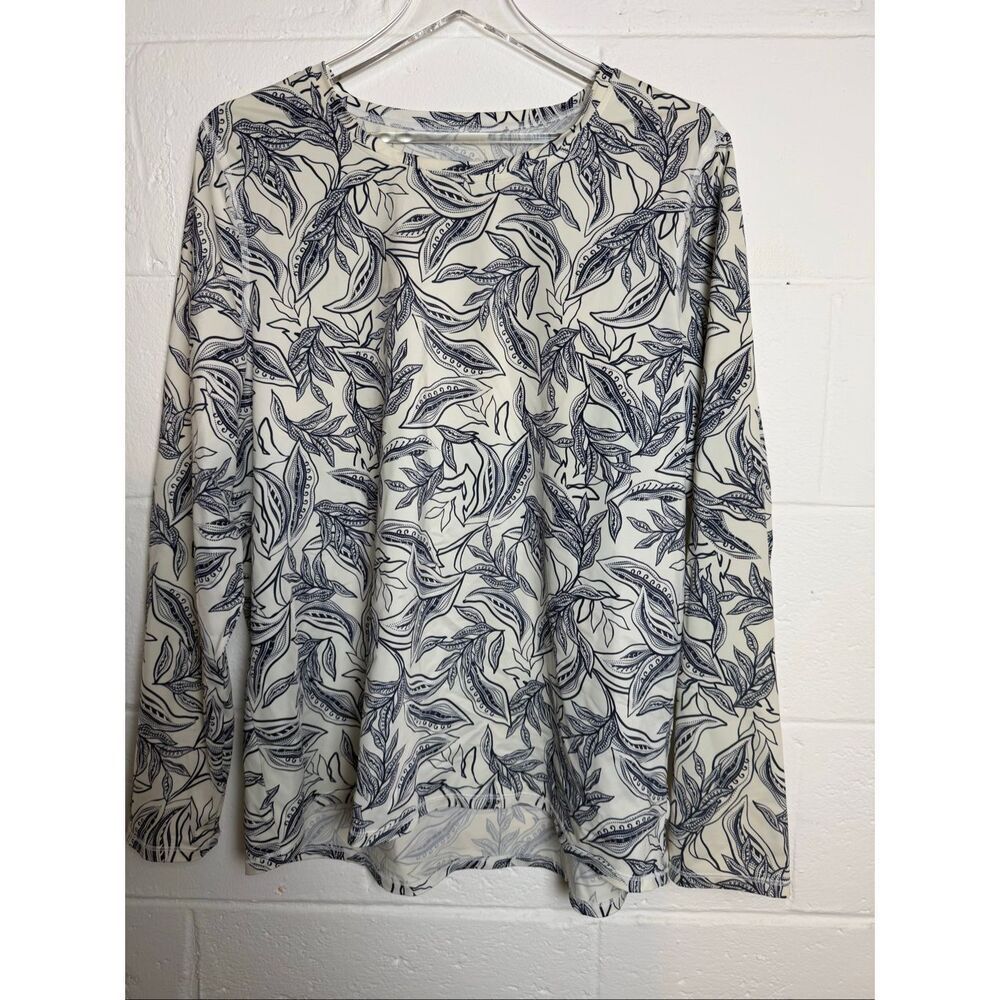 L.L.Bean Women’s Navy White Tropical Floral UPF 50+ Long Sleeve Swim Shirt Rash